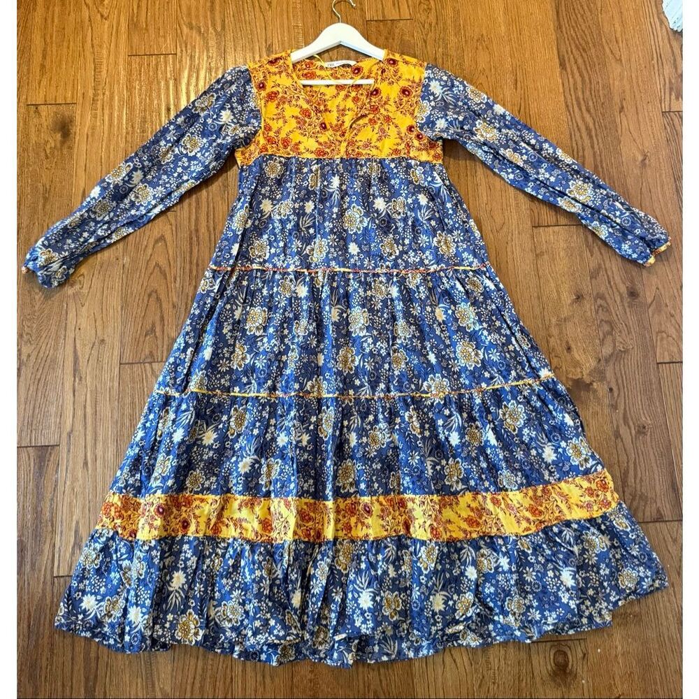 Zara blue and yellow floral peasant swing dress small - Picture 6 of 8